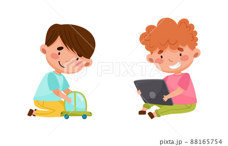 Cute little girls playing with toy car and using tablet PC device cartoon vector illustration 88165754