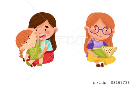 Cute little girls playing with doll and reading book cartoon vector illustration 88165758