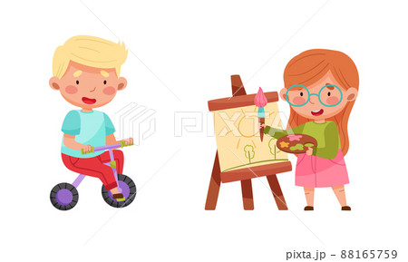 Little boy riding bicycle, girl painting on canvas cartoon vector illustration 88165759