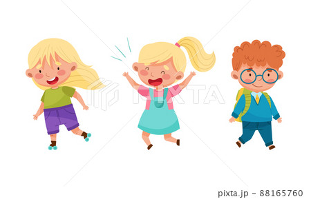 Happy kids having fun outdoors set. Boy and girl rollerblading and walking cartoon vector illustration 88165760