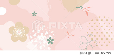 Japanese aesthetic background pattern. Tradition oriental design style banner card with geometric elements and abstract shapes. Colorful dragonflies and sakura flowers. 88165799
