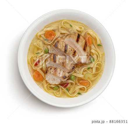 Fettuccine noodles with grilled chicken, top view 88166351