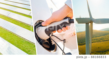 Collage of green energy with solar panels, wind turbine farm and woman hand inserting the electrical connector into the electric car for charging. Collage of green energy with solar panels, wind turbine farm and woman hand inserting the electrical connector into the electric car for charging. 88166833