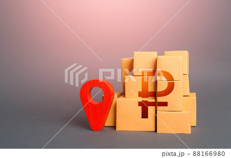 Boxes with russian ruble symbol and red location pin. Import export. Supply distribution of goods. Transportation delivering logistics, management. Trade in goods. Domestic manufacturer. Boxes with russian ruble symbol and red location pin. Import export. Supply distribution of goods. Transportation delivering logistics, management. Trade in goods. Domestic manufacturer. 88166980
