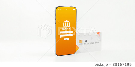 Mobile banking network. Smartphone with internet online bank application. Debit card on white background. Save currency money wallet. Mobile banking network. Smartphone with internet online bank application. Debit card on white background. Save currency money wallet. 88167199