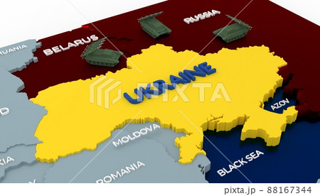 Stylich 3D Map of Ukraine surrounded by tanks and neighboring countries Stylich 3D Map of Ukraine surrounded by tanks and neighboring countries 88167344