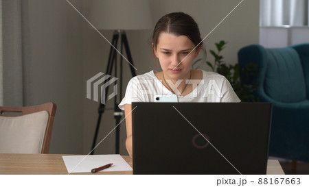 Authentic Stressful Woman working Chatting On Laptop Living Room. Writing Searching Using IT. Tired Sad Lady Working On Computer Internet On Comfortale Chair. Buisenes, Education, Technology Concept 88167663