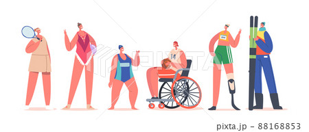 Paralympic and Healthy Women Athletes, Sportswomen Characters Swimmer with Mongolism, Tennisist, Basketball Player Paralympic and Healthy Women Athletes, Sportswomen Characters Swimmer with Mongolism, Tennisist, Basketball Player 88168853