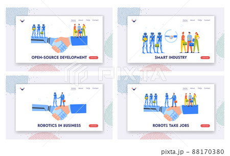 Business Cooperation with Robots Landing Page Template Set. Human and Cyborg Team Characters Handshake, Successful Deal Business Cooperation with Robots Landing Page Template Set. Human and Cyborg Team Characters Handshake, Successful Deal 88170380