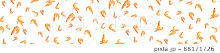 Tiger shrimp. Seafood background made from Prawns isolated on a white backdrop. modern background from boiled shrimps, Seafood. not seamless pattern 88171726