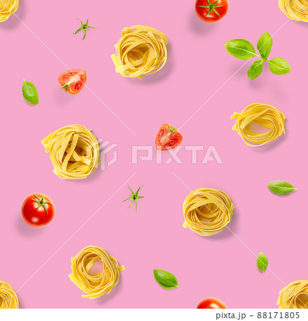 Seamless pattern from Italian pasta tagliatelle. raw pasta fettuccine pop art background, flat lay. Italian raw nest pasta isolated on white 88171805