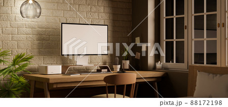 Contemporary loft workspace at night interior design with computer mockup 88172198
