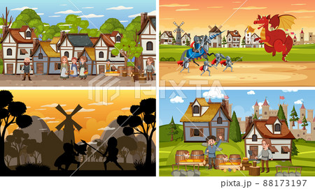 Set of different scene medieval with silhouette 88173197