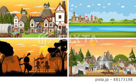 Set of different scene medieval with silhouette Set of different scene medieval with silhouette 88173198
