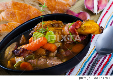 Tasty scottish traditional soup cock-a-leekie with chicken, bacon and leek Tasty scottish traditional soup cock-a-leekie with chicken, bacon and leek 88173701
