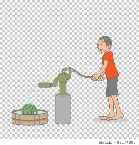 A boy pumping water with a hand-held well pump A boy pumping water with a hand-held well pump 88174893