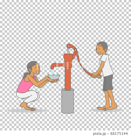 Asian children pumping water with a hand-held well pump 88175144