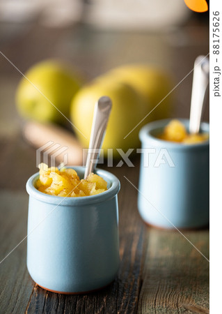 Homemade yogurt with apple jam. Front view. 88175626