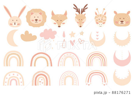 Children's hand drawn set of rainbows, animals, stars, moon, hearts. Cute set of clip-arts in children's boho style. Collection in pastel colors. Vector illustration. 88176271