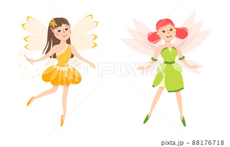 Set of happy little girls fairies in orange and green dress with wings vector illustration Set of happy little girls fairies in orange and green dress with wings vector illustration 88176718
