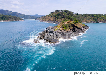 Aerial view phuket seashore Wave crashing on rocks at Laem promthep cape beautiful sea in Phuket Thailand.Phuket view point is famous tourist destination at Thailand 88176960