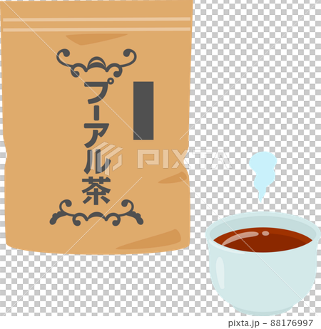 袋入りのプーアル茶と湯呑に入れたプーアル茶 88176997