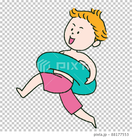 元気にはしゃぐグリーンの浮き輪の男の子 88177553