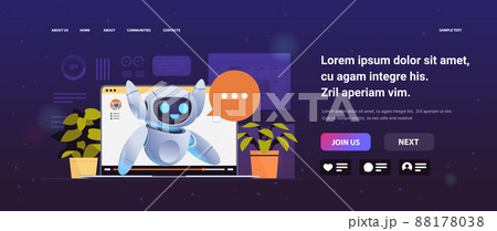 cute robot cyborg with chat bubble on laptop screen modern robotic character artificial intelligence technology 88178038
