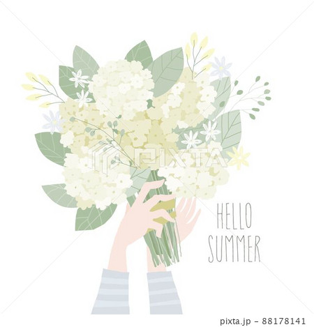 Cartoon Hands holding Bouquet of White Hydrangea 88178141