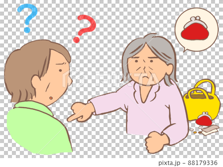 Illustration of an elderly woman who thinks that her dementia has been stolen and her wallet has disappeared. 88179336