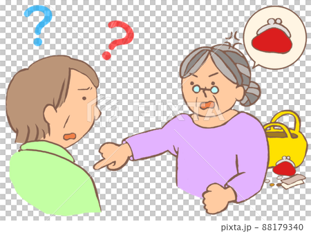 認知症　もの盗られ妄想　財布がなくなり盗られたと思い込み相手を責める高齢女性のイラスト 88179340