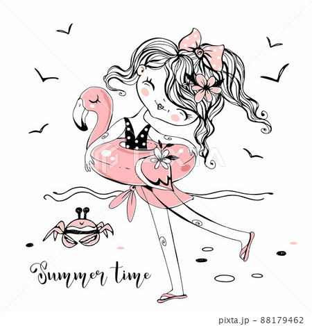 Cute girl in a swimsuit with a swimming circle on the beach with a cute crab. Vector. Cute girl in a swimsuit with a swimming circle on the beach with a cute crab. Vector. 88179462