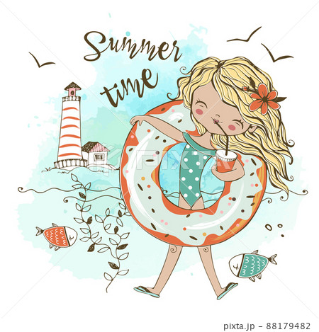 Cute girl in a swimsuit with a swimming circle on the beach. Summer vibrations. Vector 88179482