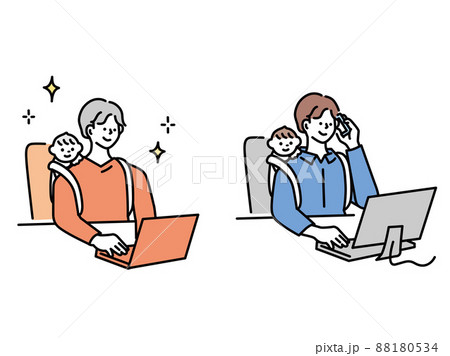 子育てと仕事のイラスト 両立 テレワーク 休日 ビジネス 育児 おんぶ 共働き のイラスト素材