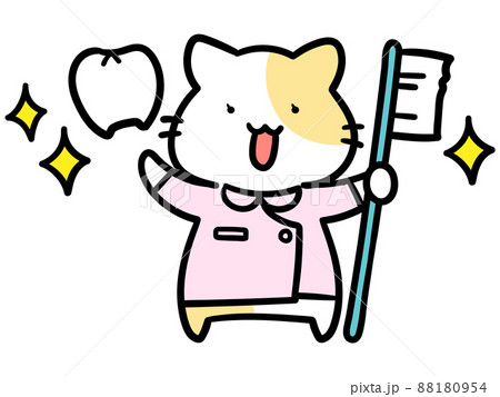 歯科衛生士なかわいいねこのキャラクターの手書き風イラストのイラスト素材