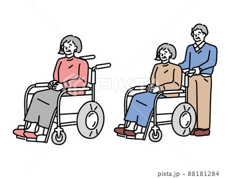 車椅子に乗る人のイラスト(女性、怪我、病気、通院、骨折、介助、入院、リハビリ)  88181284
