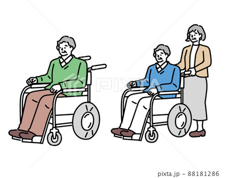 車椅子に乗る人のイラスト(男性、怪我、病気、通院、骨折、介助、入院、リハビリ)  88181286