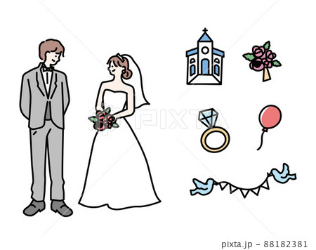 ウェディングのイラスト 結婚 結婚式 披露宴 ドレス ブーケ 幸せ 花嫁 夫婦 チャペル のイラスト素材 1381