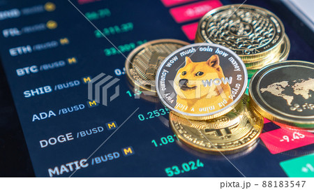 Cryptocurrency on Binance trading app, Bitcoin BTC with BNB, Ethereum, Dogecoin, Cardano, Litcoin, altcoin digital coin crypto currency defi p2p decentralized finance and fintech banking market 88183547