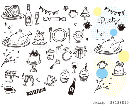 白黒、モノトーン、線画のイラスト(手書き、オシャレ、ファッション、パーティ、グリーティング) 88183819