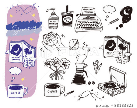 白黒 モノトーン 線画のイラスト 手書き オシャレ ファッション 宇宙 タイプライター コーヒー のイラスト素材 13 白黒 モノトーン 線画のイラスト 手書き オシャレ ファッション 宇宙 タイプライター コーヒー のイラスト素材 13
