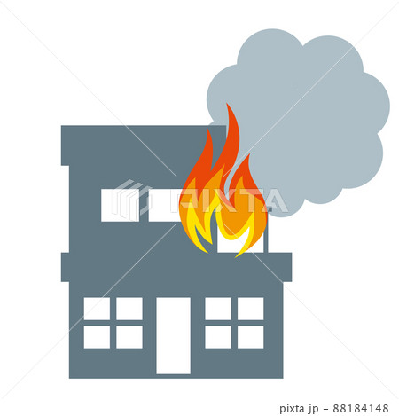 一戸建て　住居、家の火災、火事のイラスト　アイコン　シルエット損害保険地震災害イメージ 88184148