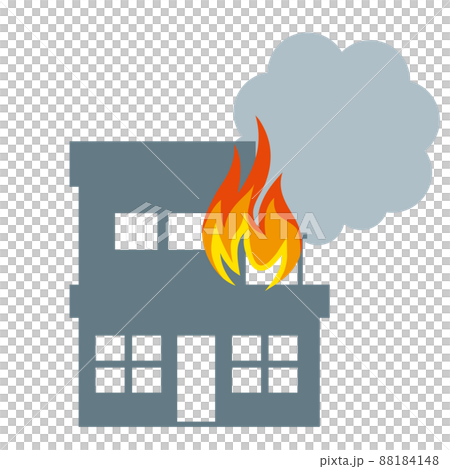 一戸建て　住居、家の火災、火事のイラスト　アイコン　シルエット損害保険地震災害イメージ 88184148