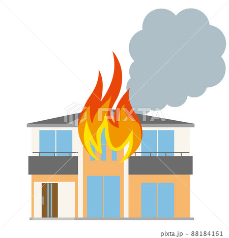 一戸建て 住居 家の火災 火事のイラスト 損害保険地震災害イメージのイラスト素材