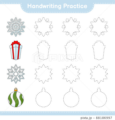 Handwriting practice. Tracing lines of Snowflake, Christmas Ball, and Gift Box. Educational children game, printable worksheet, vector illustration 88186997