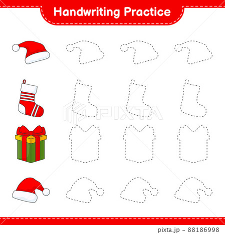 Handwriting practice. Tracing lines of Santa Hat, Gift Box, and Christmas Sock. Educational children game, printable worksheet, vector illustration 88186998