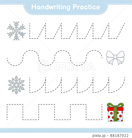 Handwriting practice. Tracing lines of Ribbon, Snowflake, and Gift Box. Educational children game, printable worksheet, vector illustration 88187022