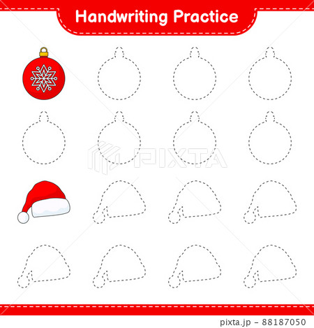 Handwriting practice. Tracing lines of Christmas Ball and Santa Hat. Educational children game, printable worksheet, vector illustration 88187050