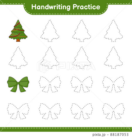 Handwriting practice. Tracing lines of Ribbon and Christmas Tree. Educational children game, printable worksheet, vector illustration 88187053