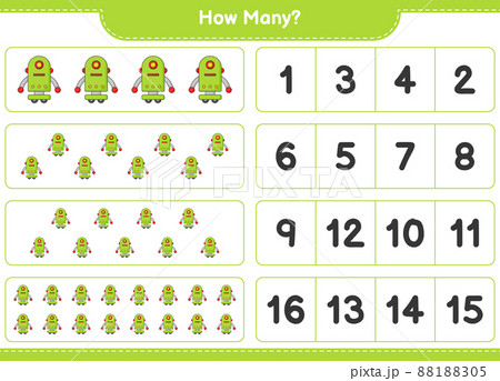 Counting game, how many Robot Character. Educational children game, printable worksheet, vector illustration Counting game, how many Robot Character. Educational children game, printable worksheet, vector illustration 88188305